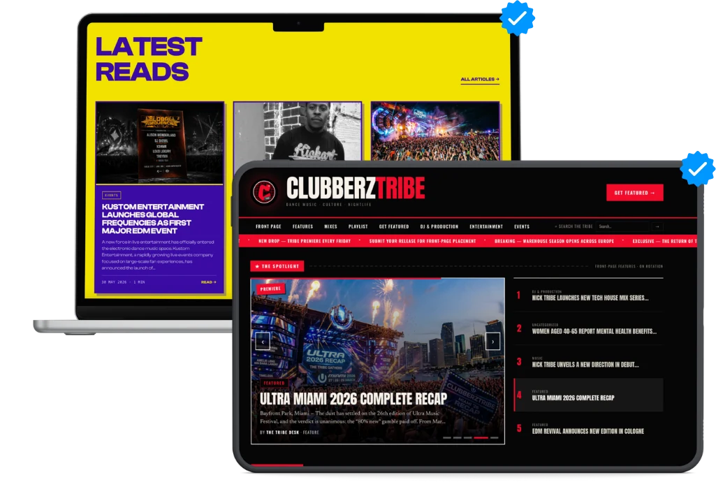 A feature published on Hitboard Music and Clubberz Tribe, shown on a laptop and a tablet
